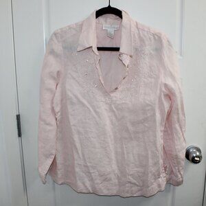 Soft Surroundings 100% Linen Soft Pink Embroidered Collared Shirt with Buttons M